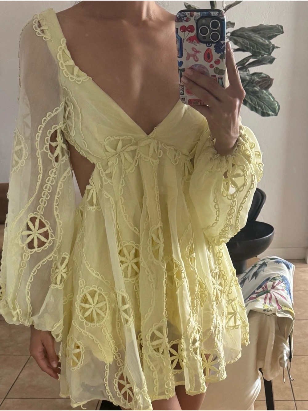 Bardot Pale Yellow Sheer Embroidered Mini Dress